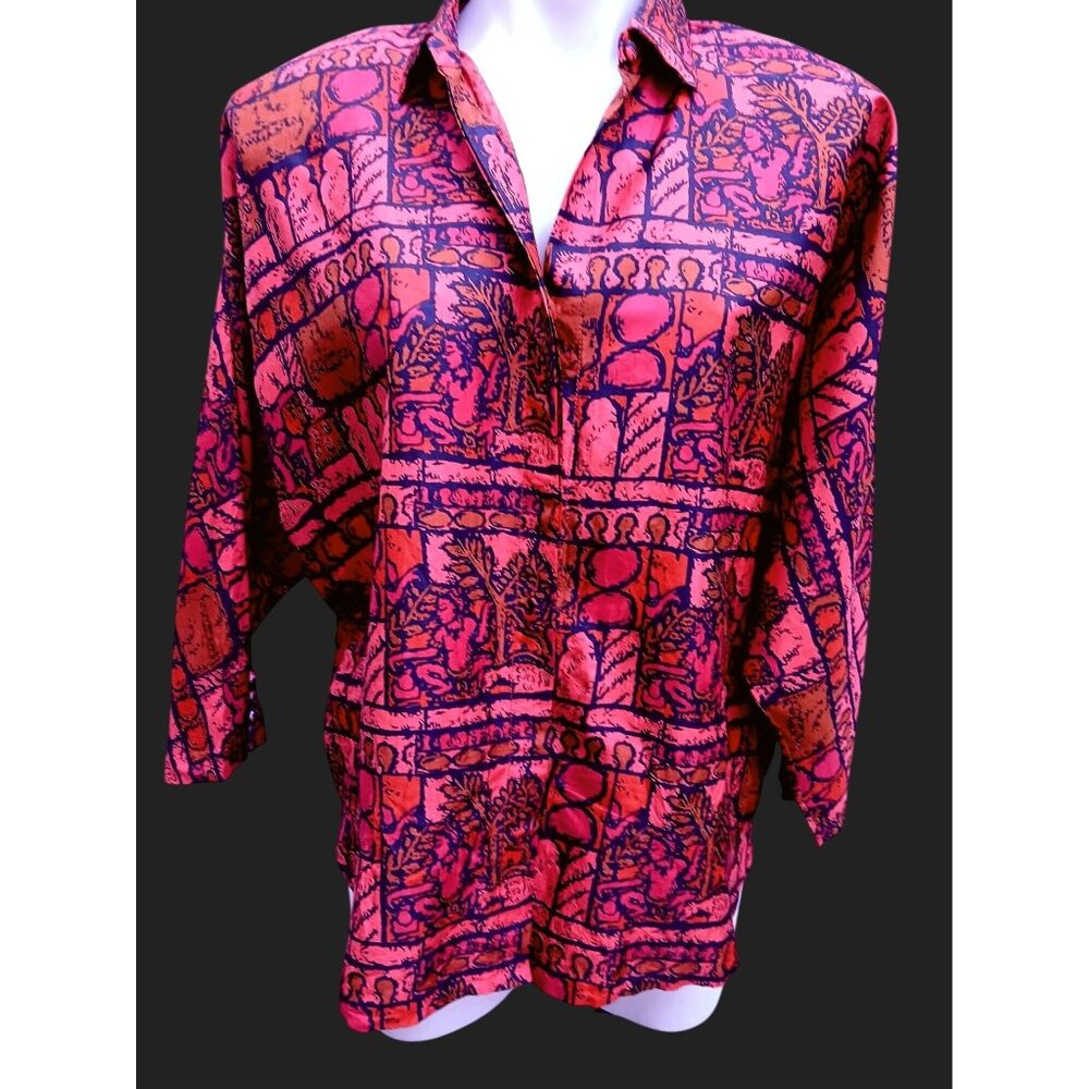Vintage Red Orange Thai Silk Abstract Print Button Up Blouse Collar Size XL